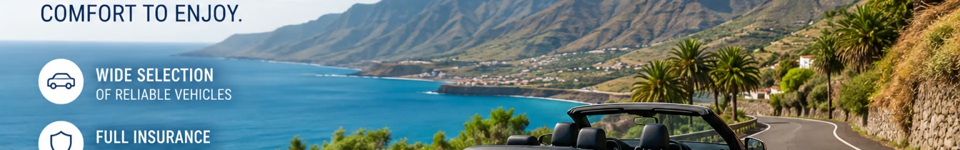 Image de couverture pour la location de voiture aux îles Canaries avec un cabriolet blanc sur une route côtière panoramique