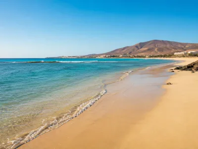 Wide sandy beach and turquoise lagoon on the Jandia peninsula in southern Fuerteventura