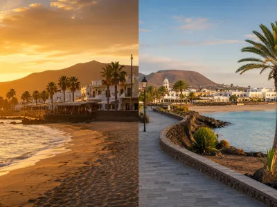 Golden-hour Lanzarote beach promenade illustrating Puerto del Carmen versus Costa Teguise resort choices