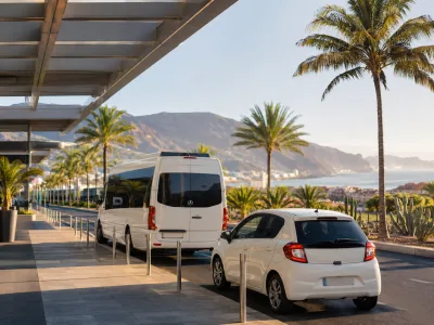 Transfer minibus and rental car outside Tenerife airport with palm trees and volcanic hills