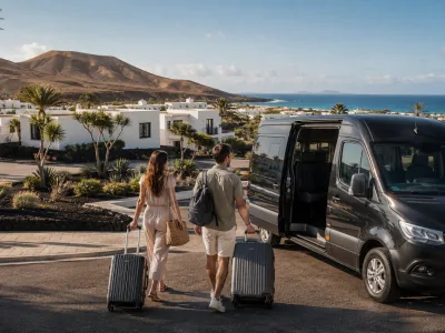 Airport transfer vehicle arriving in Playa Blanca, Lanzarote, with luggage and coastal resort scenery