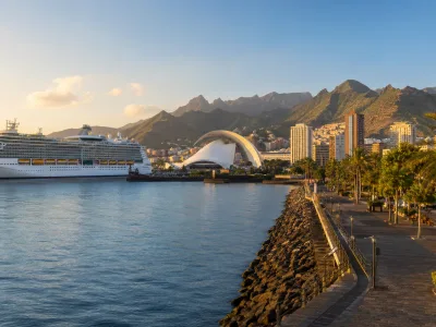 Cruise ship and waterfront hotels in Santa Cruz de Tenerife at golden hour