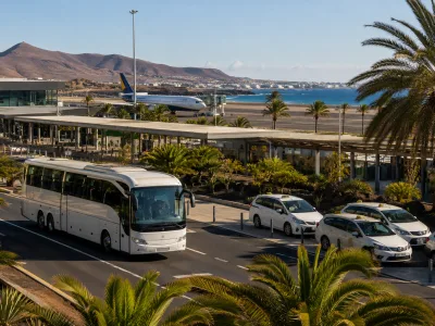 Airport transfer coach and taxi area near a Canary Islands beach resort