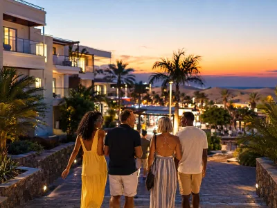 Evening resort scene near Yumbo Centre in Playa del Ingles, Gran Canaria