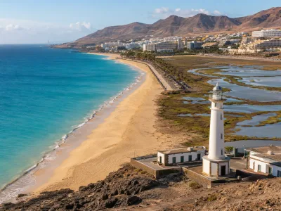 Morro Jable beach and Jandia lighthouse in Fuerteventura