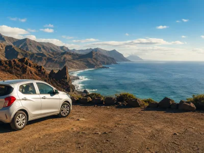 Rental car at a volcanic coastal viewpoint in the Canary Islands