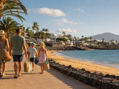 Family walking along a sunny Canary Islands resort promenade during an October half-term holiday