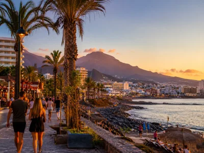 Golden-hour promenade between Los Cristianos and Playa de las Americas in Tenerife