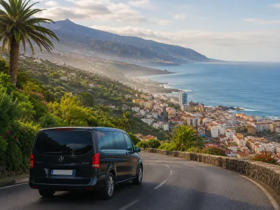 Transfer car arriving in Puerto de la Cruz from Tenerife North Airport with the Atlantic coast and green north Tenerife hills
