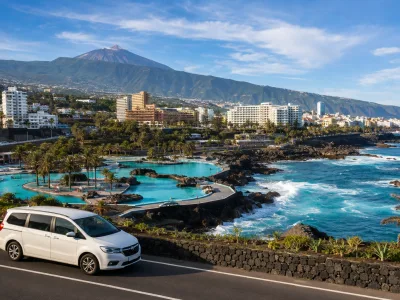 Airport transfer vehicle on the Puerto de la Cruz seafront in north Tenerife