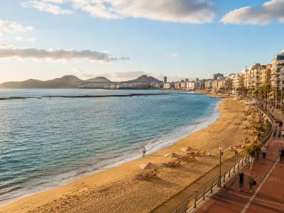 Las Canteras Beach in Las Palmas de Gran Canaria with the promenade and city coastline