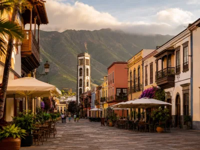 Historic streets of La Laguna with green Anaga mountains in Tenerife