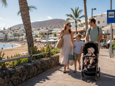 Family walking along a Canary Islands resort promenade beside a calm beach, ideal for a holiday without renting a car