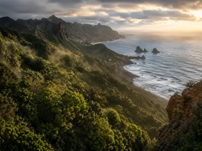Misty laurel forest and rugged coastline in Anaga Rural Park, Tenerife