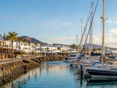 Marina Rubicon waterfront in Playa Blanca Lanzarote with yachts and promenade restaurants