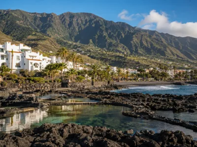 Black-sand coast and volcanic beach resort scenery in La Palma, Canary Islands