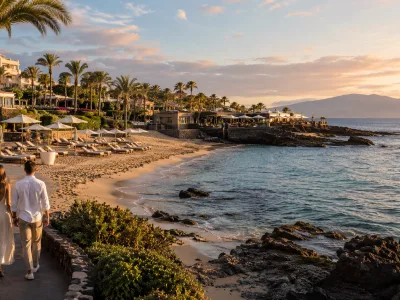 Playa del Duque and La Caleta coastline in Costa Adeje, Tenerife at sunset