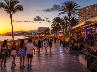 Evening resort promenade for a Playa de las Americas vs Playa del Ingles nightlife holiday comparison