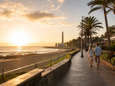 Golden-hour view of the Meloneras promenade near Maspalomas Lighthouse in Gran Canaria