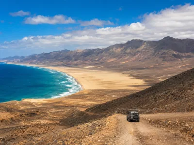 View over Cofete Beach and the Jandia mountains from the road above Morro Jable in Fuerteventura