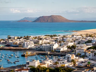 Corralejo harbour, town beaches and Isla de Lobos in Fuerteventura