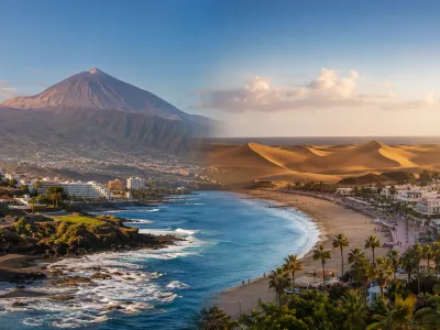 Tenerife and Gran Canaria holiday landscapes with volcanic mountains, beaches and resort coast