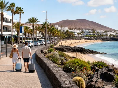 Sunny Lanzarote resort promenade with beach, low-rise hotels and easy transport for a no-car holiday