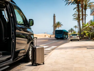 Airport transfer vehicle and luggage with Maspalomas dunes and Meloneras resort scenery in Gran Canaria