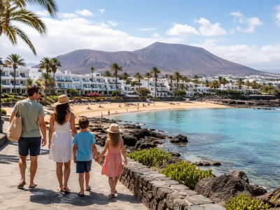 Family walking beside a sheltered Canary Islands beach near a good-value resort during school holidays