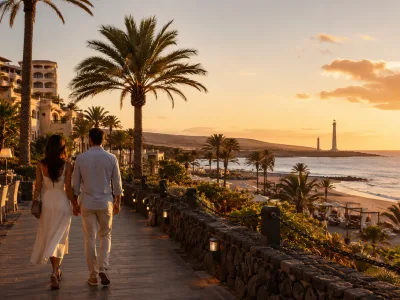 Couple walking on a luxury Canary Islands seafront promenade at sunset, evoking Costa Adeje and Meloneras
