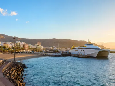 Los Cristianos ferry port in Tenerife with a fast ferry for La Gomera in the harbour