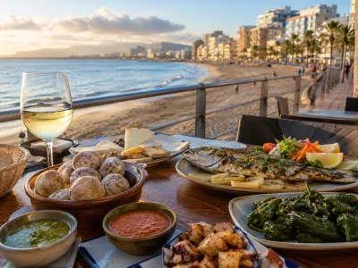 Canarian tapas and seafood on a restaurant terrace near Las Canteras beach in Las Palmas de Gran Canaria