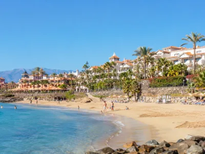 Playa del Duque beach and luxury seafront hotels in Costa Adeje, Tenerife