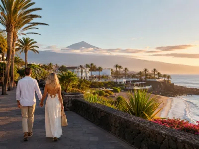 Couple walking along a seafront promenade in Tenerife at sunset
