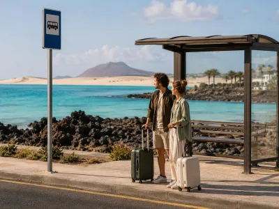 Travellers at a coastal bus stop in Fuerteventura for a car-free holiday