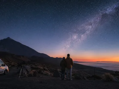 Couple watching the stars at Mount Teide in Tenerife at blue hour