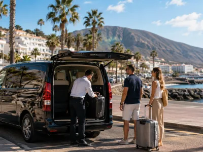 Airport transfer vehicle arriving near Los Cristianos in south Tenerife with luggage and coastal resort scenery