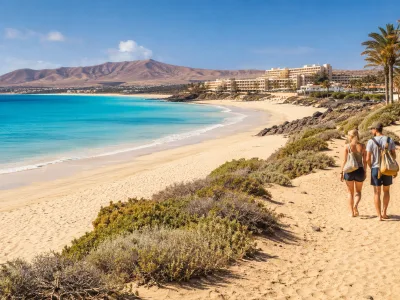 Costa Calma beach path and resort hotels for a car-free Fuerteventura holiday