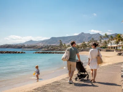 Family with a toddler and pushchair on a calm Canary Islands beach promenade