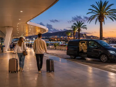 Travelers arriving at Tenerife South Airport in the evening with resort lights on the south Tenerife coast