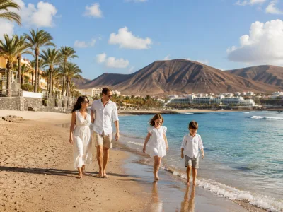 Family walking on a sunny Canary Islands beach during an Easter holiday