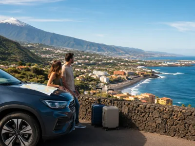 Rental car, luggage and Tenerife coastline for a guide comparing Tenerife South and Tenerife North airports