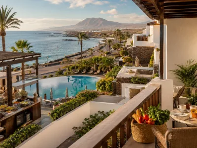 Sunny Canary Islands resort terrace comparing hotel dining and apartment self-catering holiday styles
