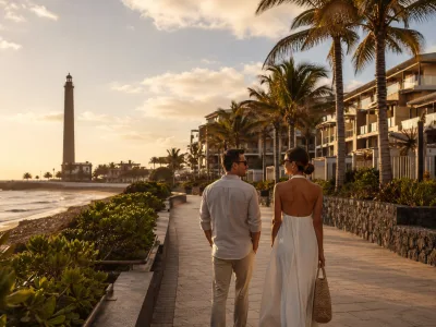 Couple walking on the Meloneras promenade near Maspalomas Lighthouse in Gran Canaria