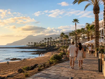 Sunny Canary Islands resort promenade with subtle festive lights for a Christmas and New Year winter sun holiday
