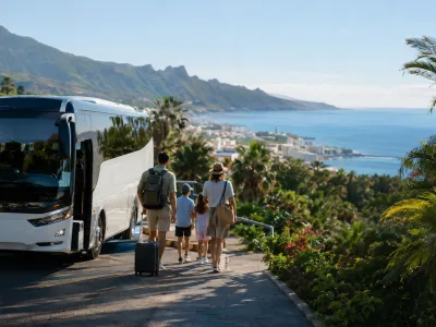 Family arriving by coach on a Loro Parque day trip from Costa Adeje in Tenerife