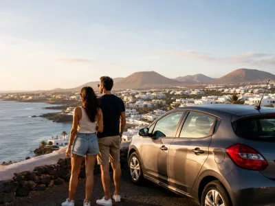 Couple planning a rental car day trip from Puerto del Carmen in Lanzarote