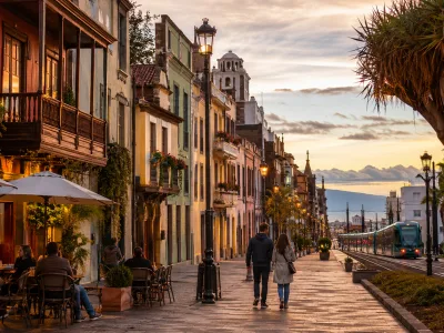 Historic La Laguna street scene with tram connection toward Santa Cruz de Tenerife for a car-free city break