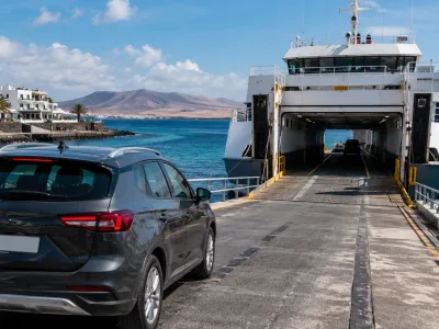 Rental car boarding a ferry between Playa Blanca in Lanzarote and Corralejo in Fuerteventura