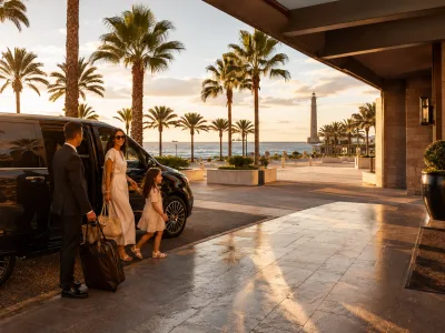 Private transfer vehicle arriving at a luxury hotel near Meloneras and Faro de Maspalomas in Gran Canaria
